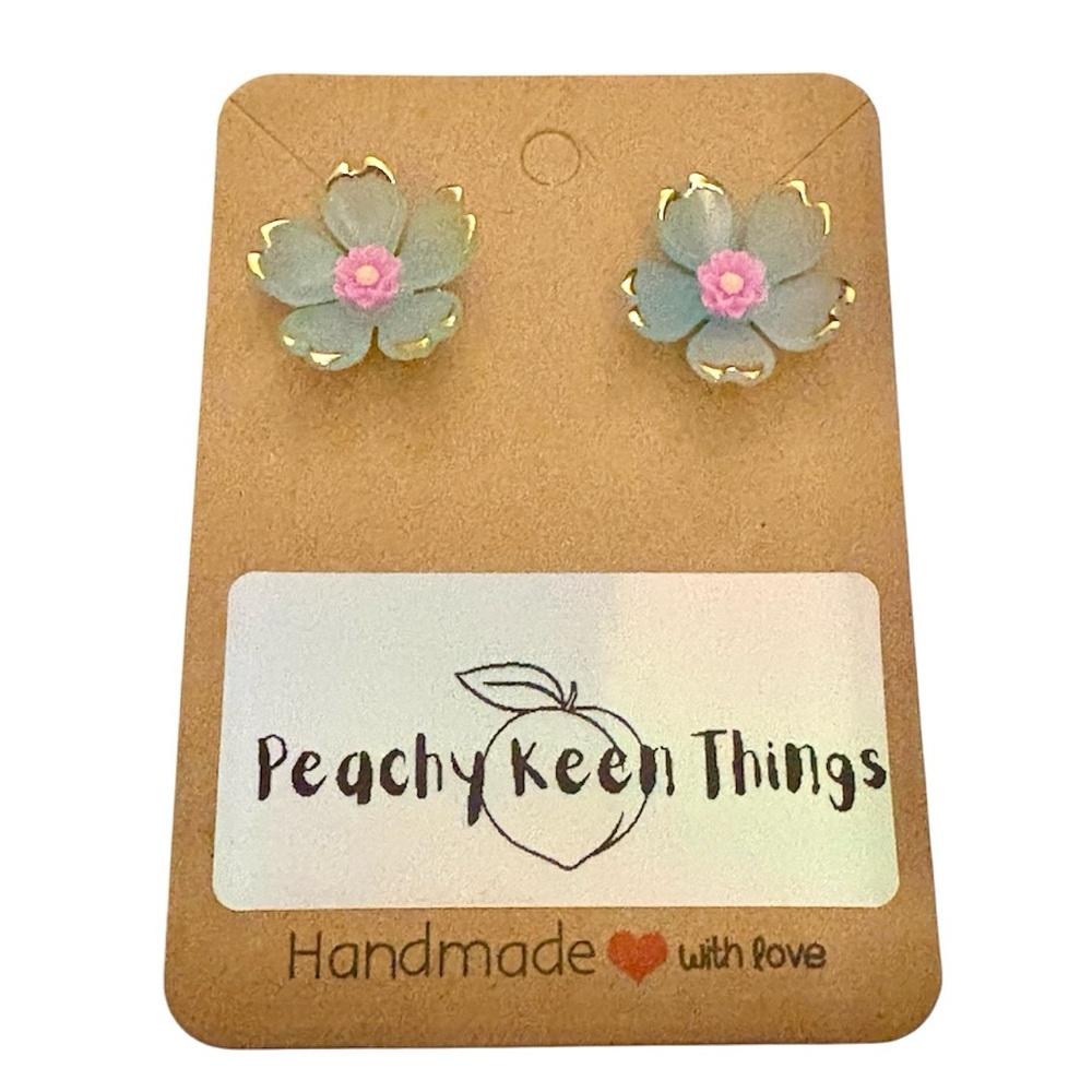 Lucite Cherry Blossom Flower Earrings with Cabohon Centers and 925 Posts. - Picture 3 of 11